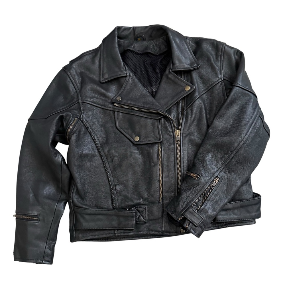 Men’s Classic Braided Pistol Pete Black Cowhide Leather Motorcycle Jacket